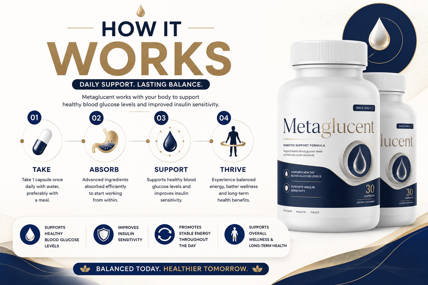 MetaGlucent four-step how it works: take, absorb, support, thrive